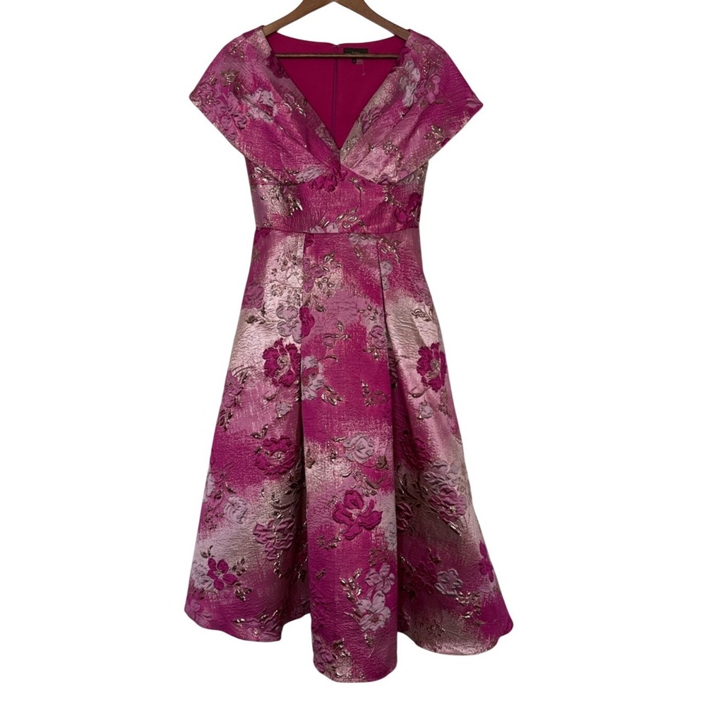 Theia Floral Jacquard Fit Flare Midi Dress Structured Pink Size 4 NWOT